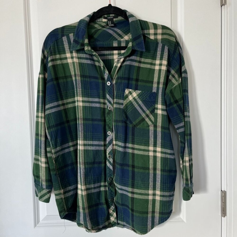 Forever 21 Medium Blue Green White Flannel Plaid Long Sleeve Button Down Top